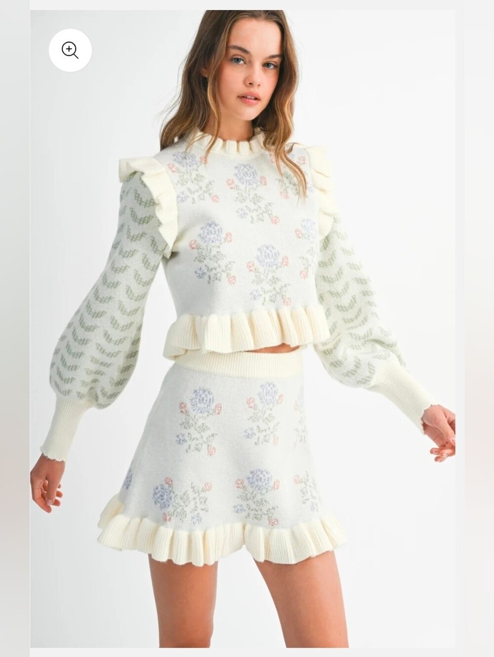 Ivory Floral Asymmetrical Ruffle Knit Dress